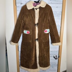 Vtg 70's Style Penny Lane Afghan Brown Shearling Coat with Embroidered Accents
